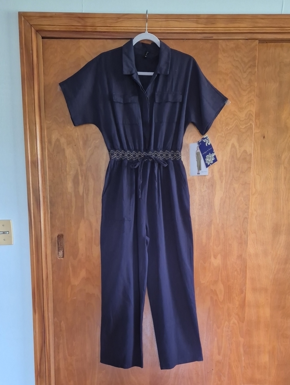 Indigo and lace Women's Navy Utility Jumpsuit with Drawstring Waist, size L